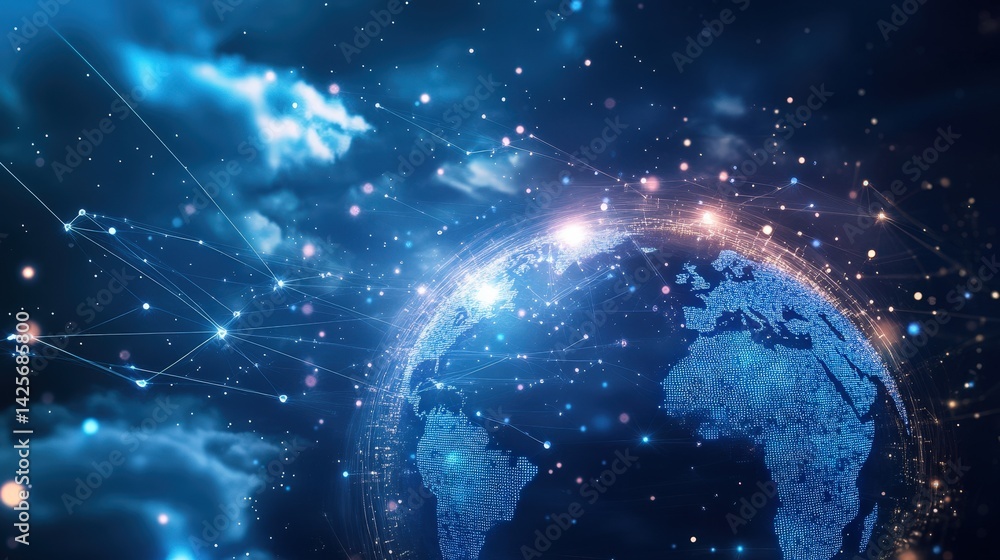 Poster digital globe with floating data points and connected lines, illustrating cloud computing networks