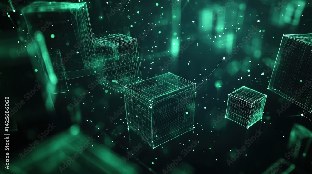 Poster digital green geometric background with wireframe structures floating in a dark space