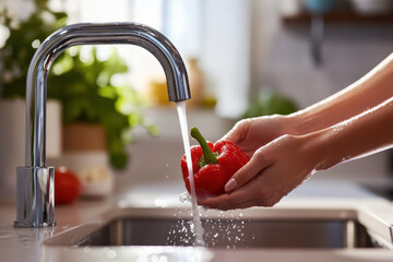 Chef washing red bell pepper under tap water in kitchen sink