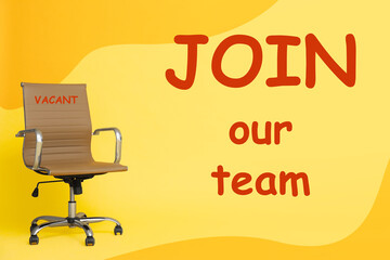 Join our team. Empty office chair with word Vacant on orange background. Recruitment concept