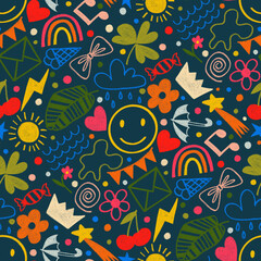 Seamless pattern with fun doodles: smiling faces, rainbows, flowers, hearts,  leaves, clouds, crown, bows. Design perfect for fabric, children's decor, wrapping, stationery, packaging, wrapping.