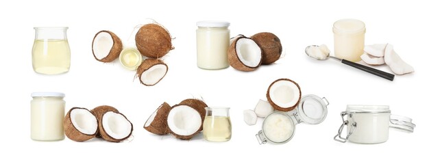 Cooking oil and coconuts isolated on white, set