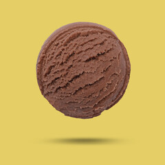 Ice cream scoop in air on yellow background. Yummy dessert