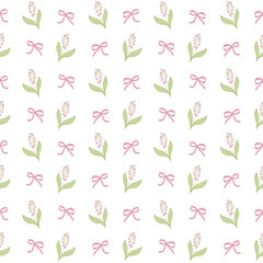 Floral seamless pattern with  pink flowers and green leaves, accented by soft bows. Repeated flower background. Ideal for fabric, home decor, stationery, wrapping, wallpaper, packaging, textiles.