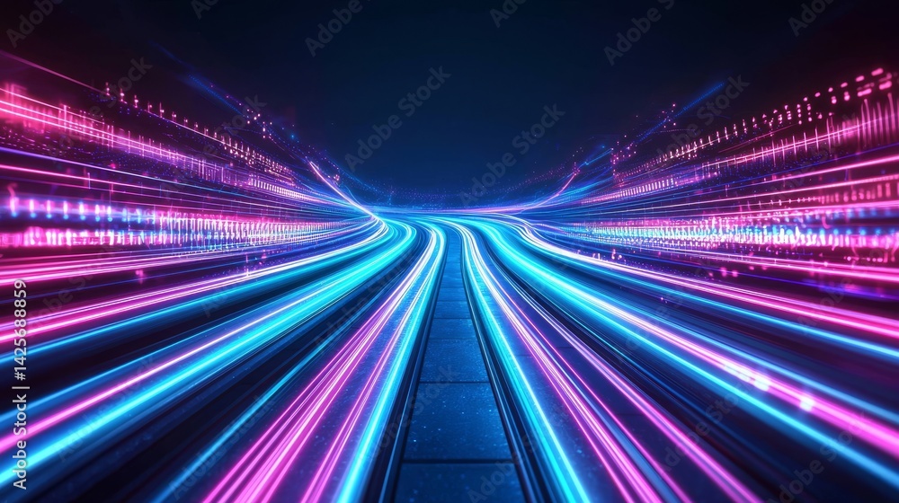 Poster tunnel adorned with neon lights illuminating a futuristic pathway creating a sense of adventure and 
