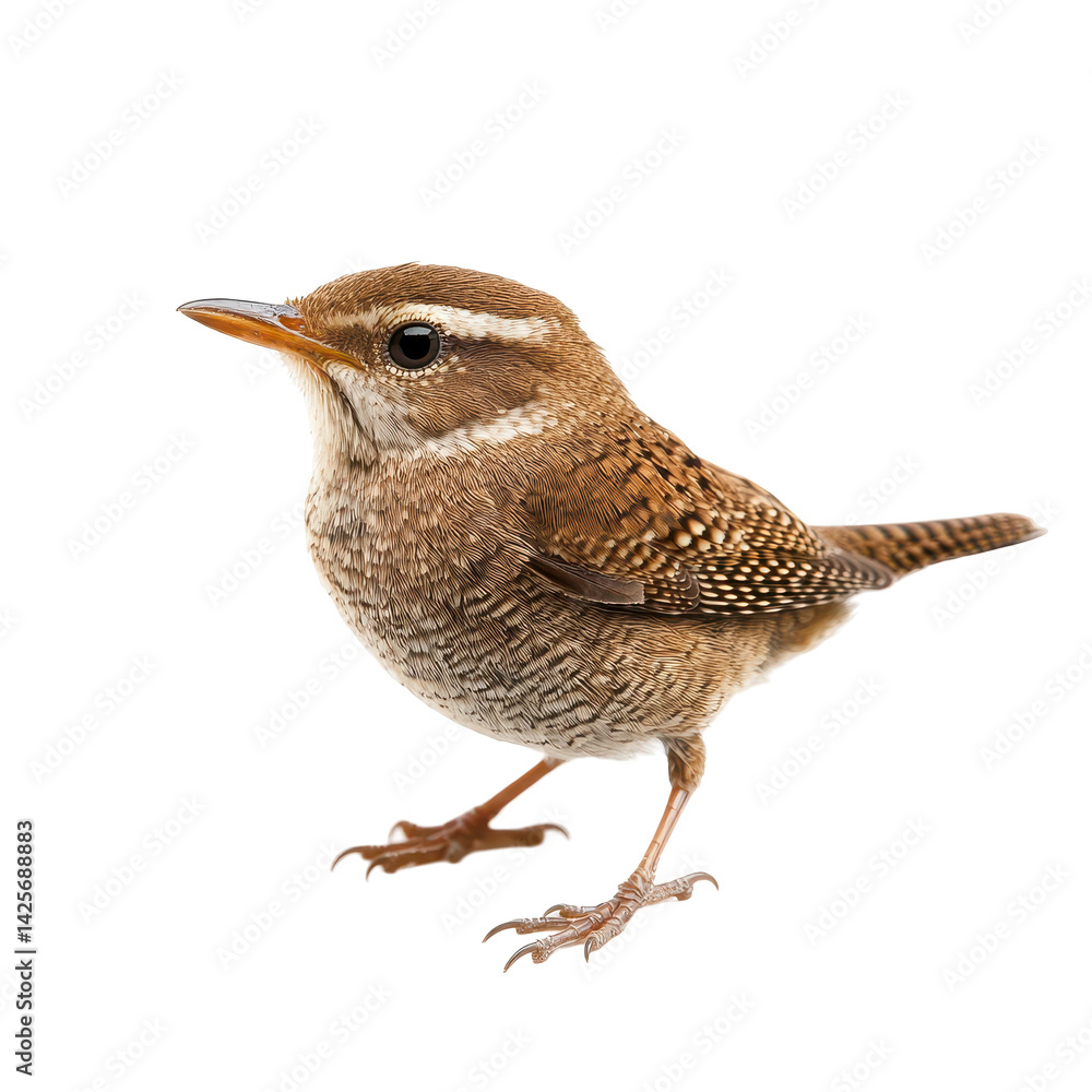 Poster brown bird with distinct markings stands on a white surface in a studio environment showcasing its f