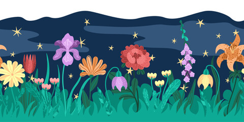Blooming flowers illustration in mystical night garden. Vector floral seamless border with detailed plants and lush greenery and starry sky background. Bright garden bouquet for print projects
