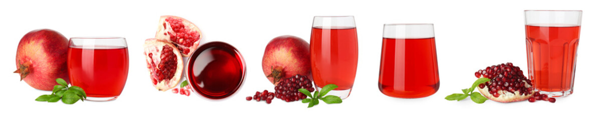 Tasty pomegranate juice on white background, collage