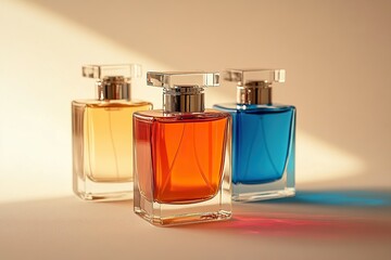 Elegant perfume bottles in vibrant hues, casting colorful shadows. Glass containers with clear caps gleam.