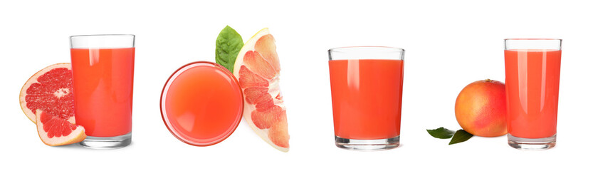 Tasty pomelo juice on white background, collage