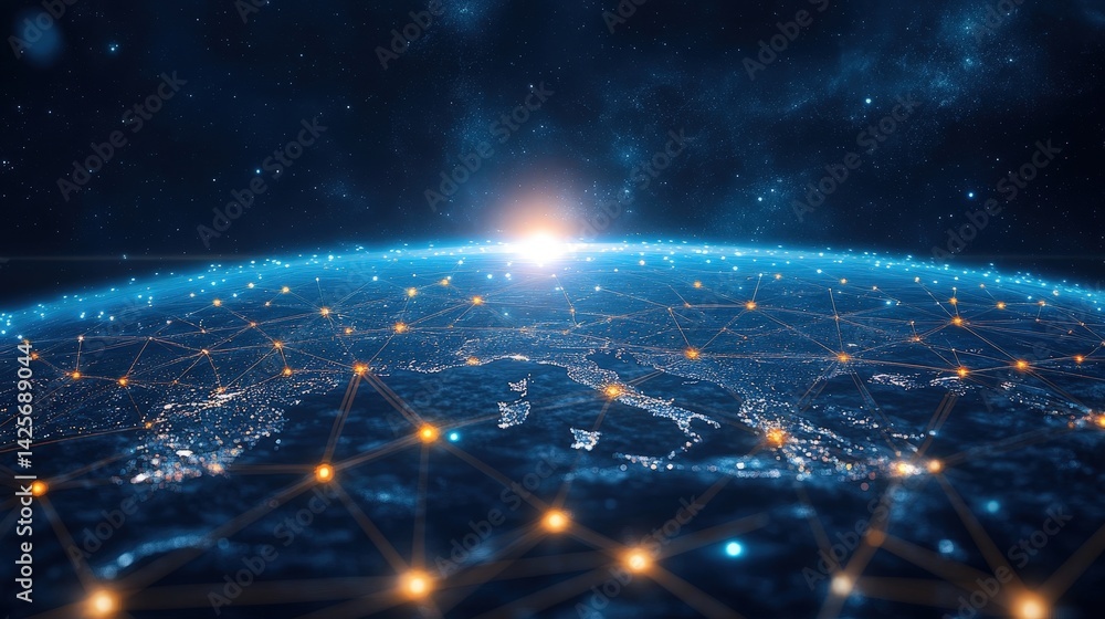 Poster digital representation of earth with blockchain-style nodes and pathways creating a decentralized ne