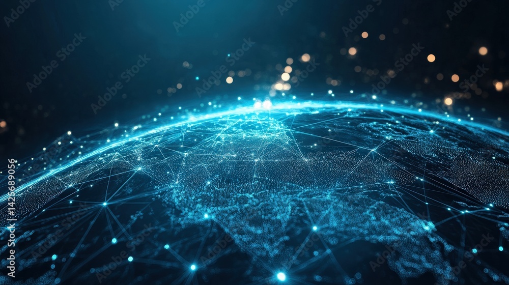 Poster digital representation of earth with blockchain-style nodes and pathways creating a decentralized ne