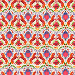 Folk-inspired seamless pattern with  horses. Floral and swirling decorative elements. Symbol of the 2026 Chinese New Year.  Perfect for fabric, wallpaper, stationery, crafts, packaging and home decor.