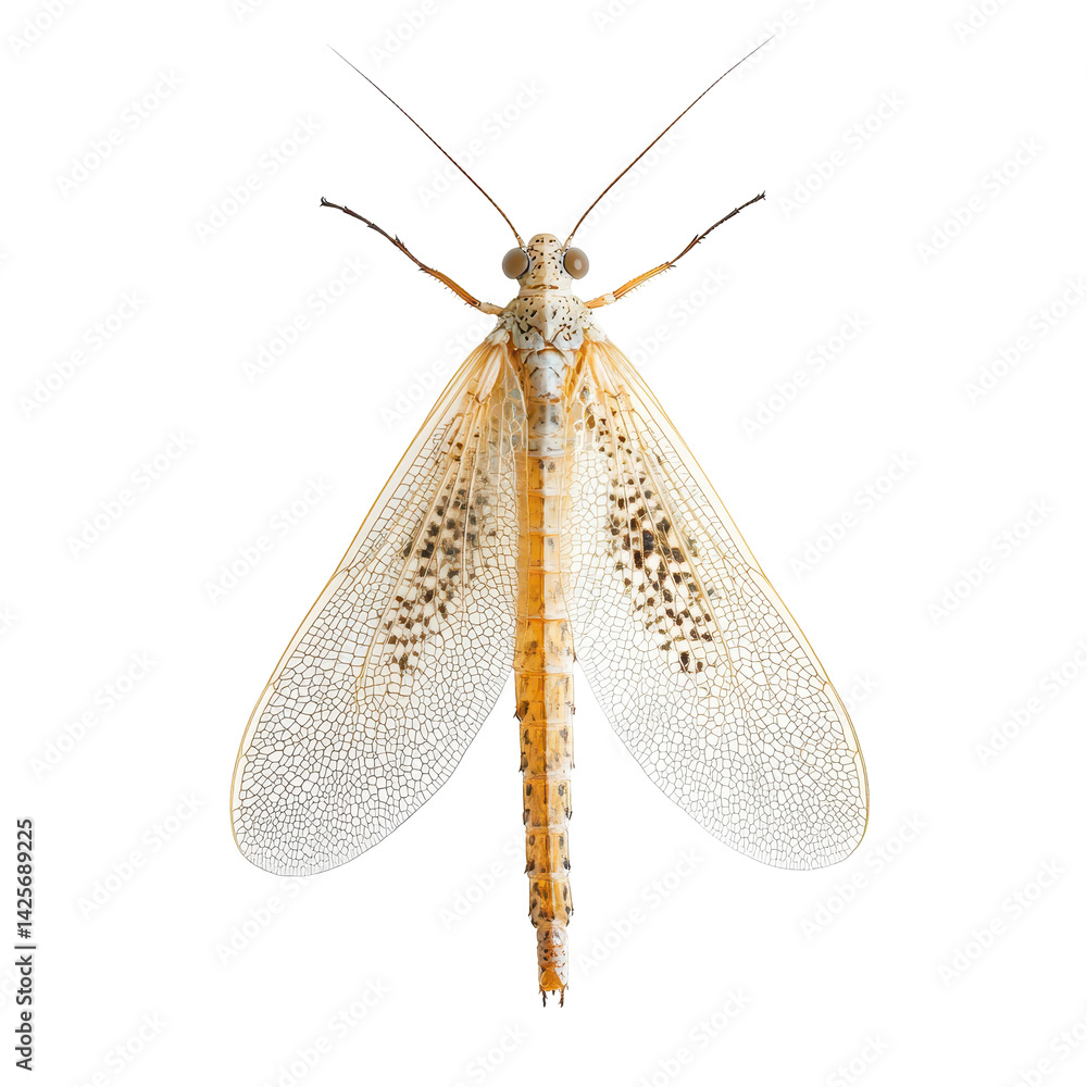 Poster insect with delicate wings displayed on a plain background, showcasing the intricate patterns and te