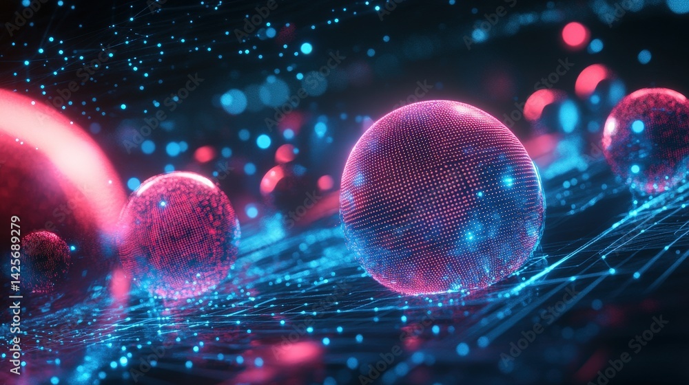 Poster a digital tech bubble pattern with glowing holographic spheres in a futuristic grid