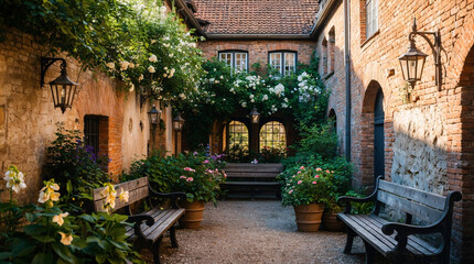 Obraz premium overgrown vintage garden with red bricks wooden bleacher old bench and traditional structures surrounded by natural green plant landscape premium image europe urban beauty