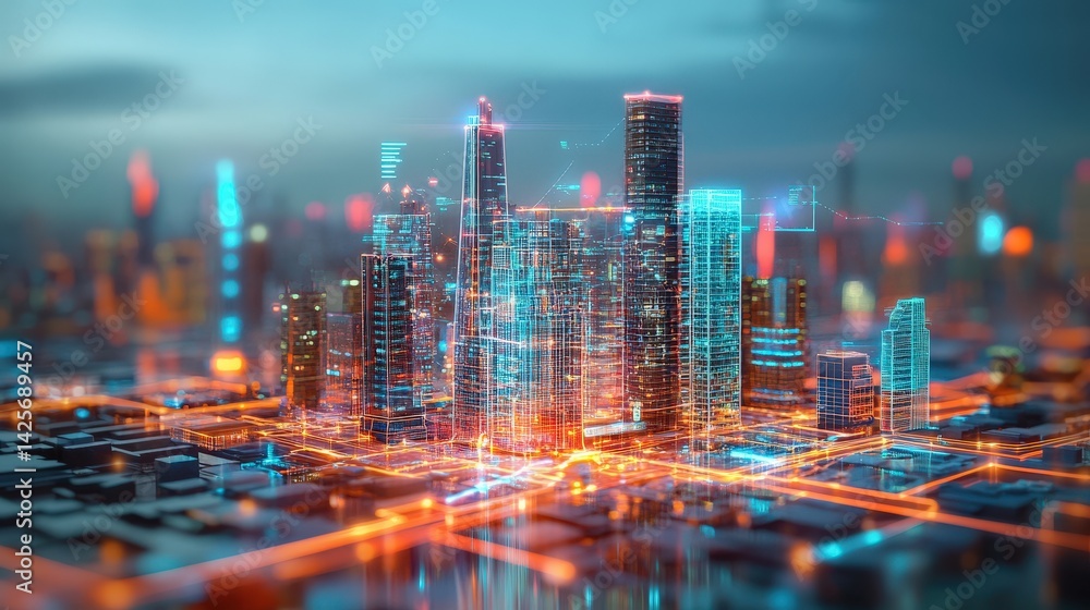 Poster a digital twin concept with a holographic 3d model of a smart city being analyzed for optimization a