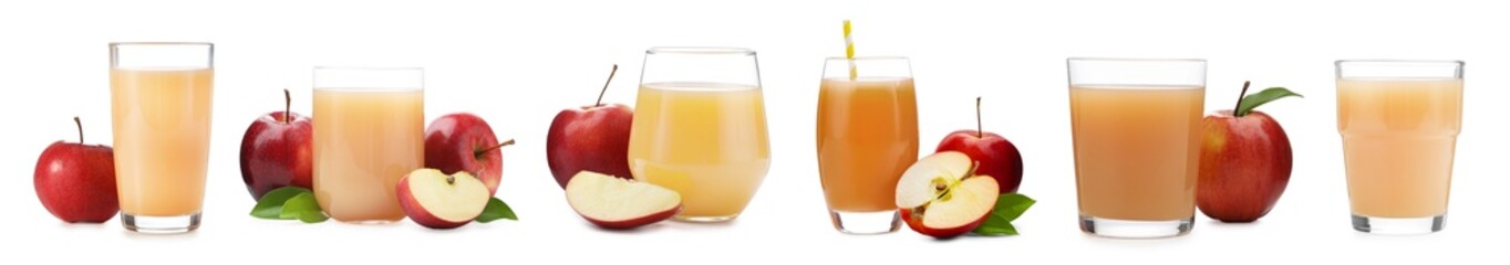 Tasty apple juice on white background, set