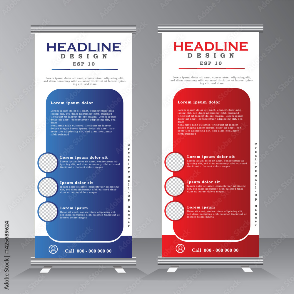 Wall mural roll up banner with three round design, three element feature roll up banner, vertical banner templa