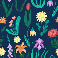 Seamless floral pattern with wildflowers and leaves. Colorful botanical repeat design on dark blue background. Vector texture with lilies, daisies, peony and greenery. For fabric, wallpaper, wrapping