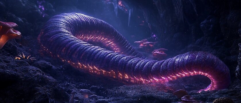 Luminous worm in dark fantasy cave with glowing purple mushrooms, fantasy concept.
