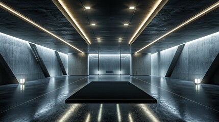 A futuristic yoga space illuminated with diffused ceiling lights