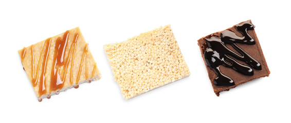 Delicious puffed rice bars on white background, set. Top view