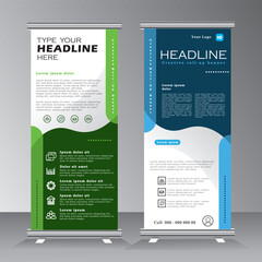 roll up banner template design for business, modern x-banner with  green and blue, vertical standees banner advertising. roll up vector banner template illustration