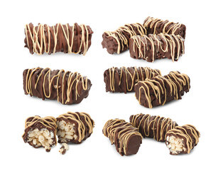 Delicious puffed rice bars with chocolate on white background, collage