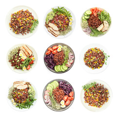 Tasty salads with brown rice isolated on white, set. Top view