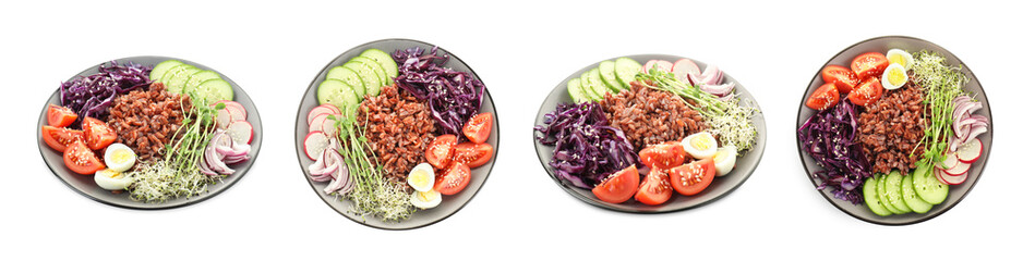 Tasty salad with brown rice isolated on white, collage