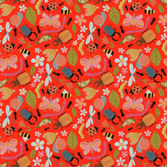 Seamless pattern with colorful cartoon insects and flowers. Garden-inspired background. Perfect for children designs, fabric, wallpaper, crafts, wrapping, scrapbooking, edutainment design and decor.