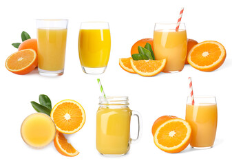 Tasty orange juice on white background, collage