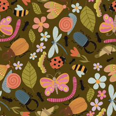 Seamless pattern with colorful cartoon insects and flowers. Garden-inspired background. Perfect for children designs, fabric, wallpaper, crafts, wrapping, scrapbooking, edutainment design and decor.