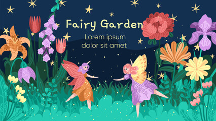 Vector of fairies dancing in fantasy garden with bright flowers. Starry night sky and lush foliage background. Magical garden scene with winged girls in round dance. Fairy tale prints and cards