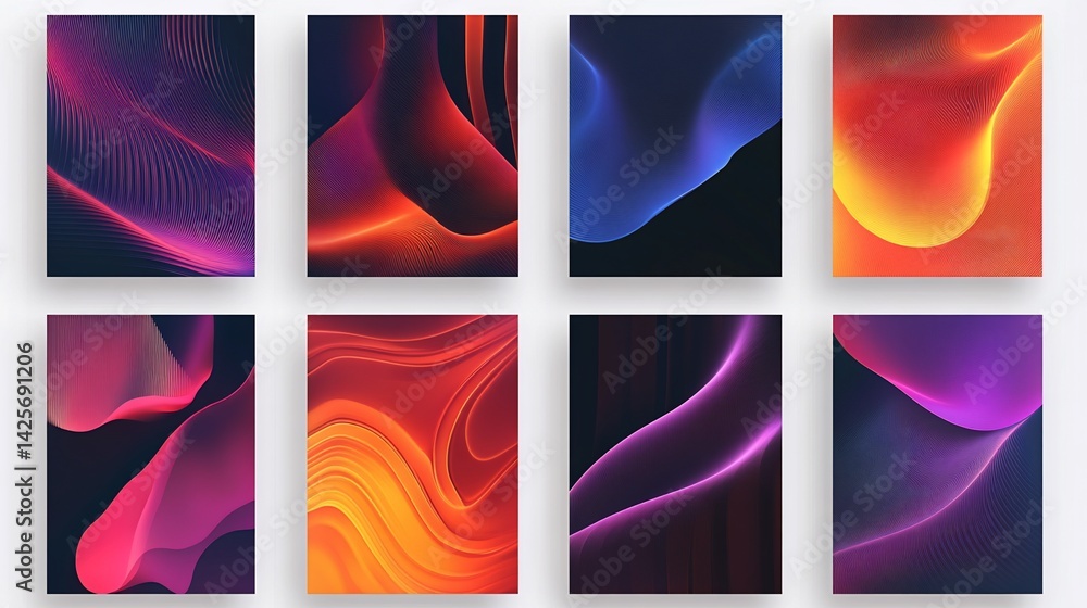 Poster collection of 8 abstract backgrounds with flowing lines and vibrant color gradients