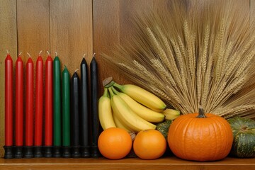 Kwanzaa display with fruits and candles
