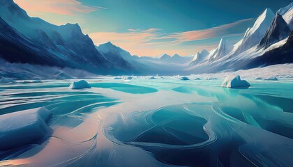 Frozen Abstract Lake in a Winter Wonderland, Frosty Mornings Captured in Icy Blue and White Symphony, Evoking Tranquility and Serene Beauty.
