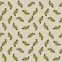 Seamless pattern with ants carrying leaves. Nature-inspired background. Ideal for fabric, children decor, packaging, eco-products and stationery, wrapping paper, wallpaper, scrapbooking, web decor.