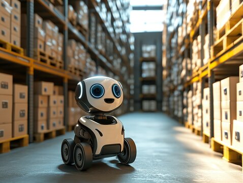 Warehouse Robot: Friendly automated helper navigates shelves with boxes, optimizing storage and retrieval tasks.
