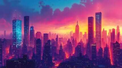 Fototapeta premium Neon Cityscape at Sunset