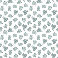 Seamless pattern with  snail shell and butterfly. Nature-inspired background perfect for fabric, wallpaper, wrapping, stationery,  home decor, packaging, book design, scrapbooking projects.