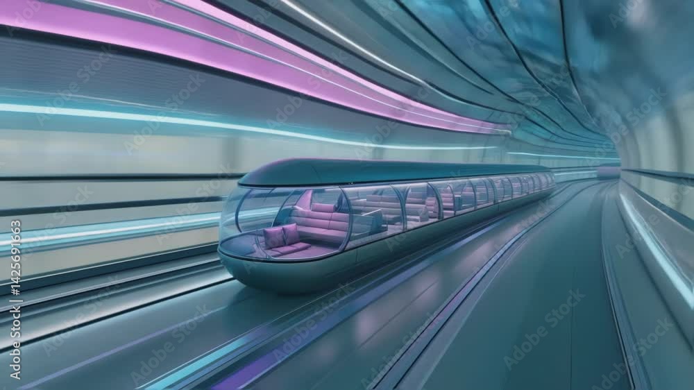 Poster futuristic, high speed subway train racing through a tunnel, creating dynamic motion with light trai