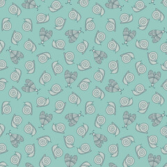Seamless pattern with  snail shell and butterfly. Nature-inspired background perfect for fabric, wallpaper, wrapping, stationery,  home decor, packaging, book design, scrapbooking projects.