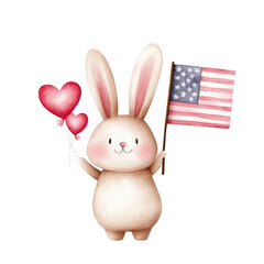 Cute bunny holding balloons and American flag, festive vibe. isolated against a transparent background.