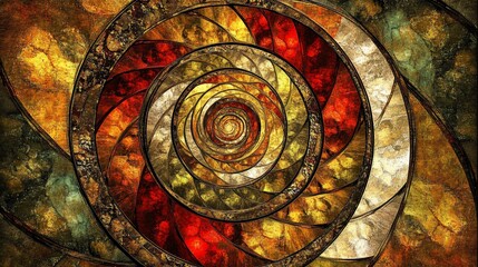 Abstract spiral artwork with warm colors and stained-glass effect