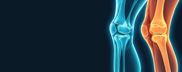 X-ray of knee joint advanced healthcare aids concept. Illustration of human knee joints in blue and orange colors.