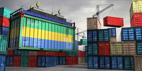 Fototapeta premium Cargo container with flag of Gabon lifted by crane at freight terminal - 3D illustration