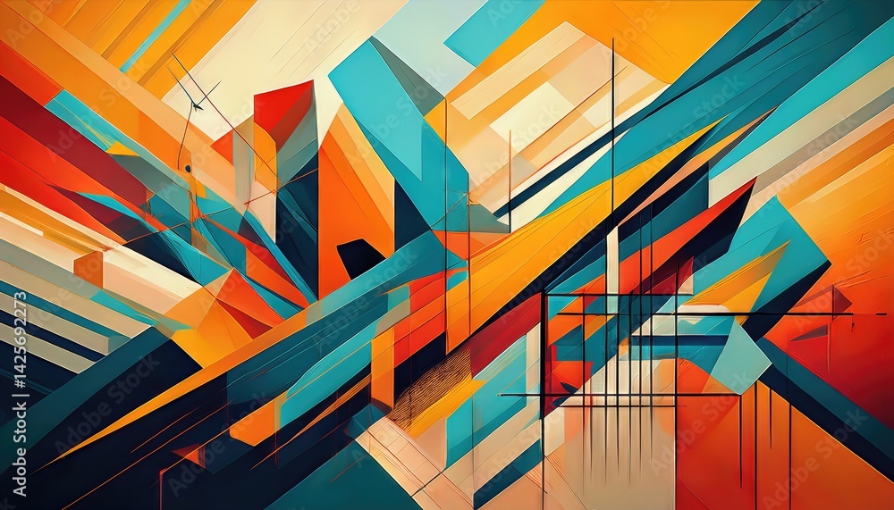 Poster dynamic geometric abstraction vivid linework, intense colors, and bold shapes emanate energy in this