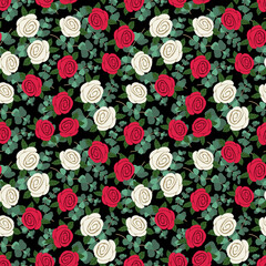 Seamless floral pattern with  red and white roses and eucalyptus leaves. Romantic repeating background. Perfect for fabric, wallpaper, packaging, stationery, textiles and home decor.